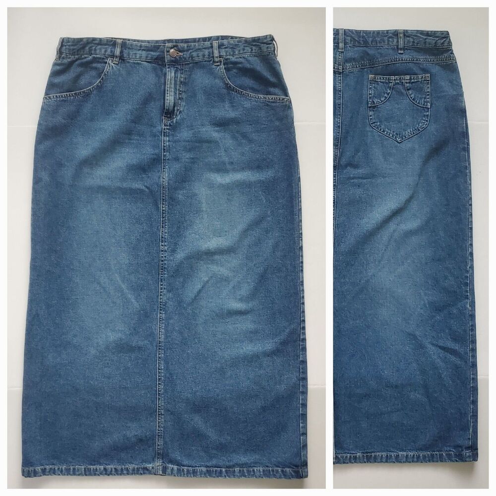 Vintage Old Navy Denim Maxi Skirt 14 Blue 100% Cotton Long Jean Skirt Back Vent